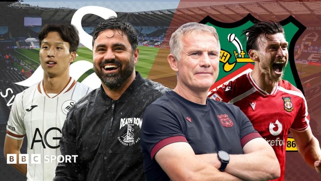 An image featuring Swansea winger Eom Jisung and head coach Vitor Matos alongside Wrexham manager Phil Parkinson and striker Kieffer Moore