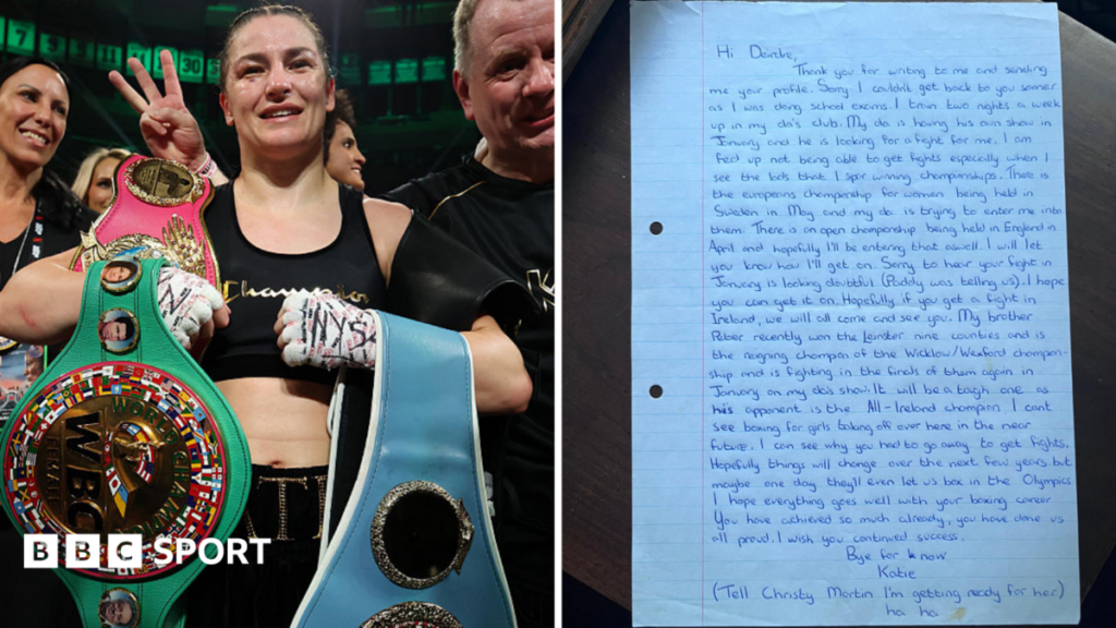 Taylor vs Pili: ‘How far we have come’ – Deirdre Gogarty writes back to Katie Taylor A split image. On the left is an image of Katie Taylor holding her world title belts, with a letter from Katie Taylor to Deirdre Gogarty on the right.