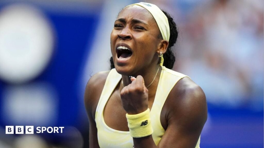 Coco Gauff celebrates winning her third-round match at the US Open