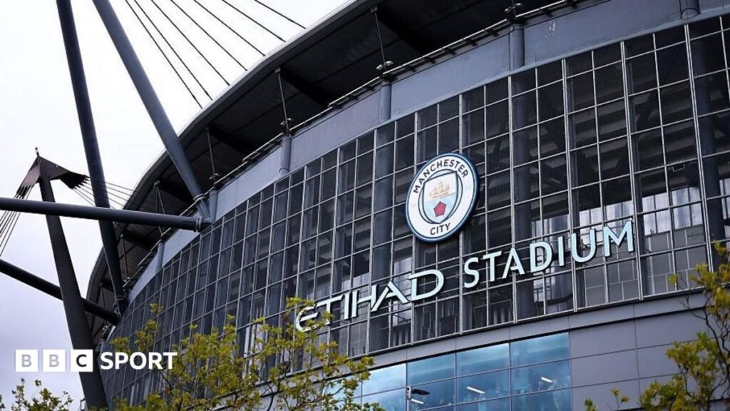 A general exterior view of Etihad Stadium, home stadium of Manchester City