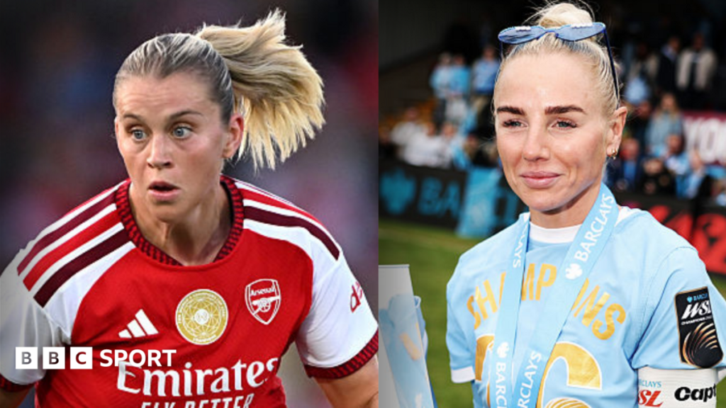 A split image of Arsenal's Alessia Russo (left) and Manchester City's Alex Greenwood (right)