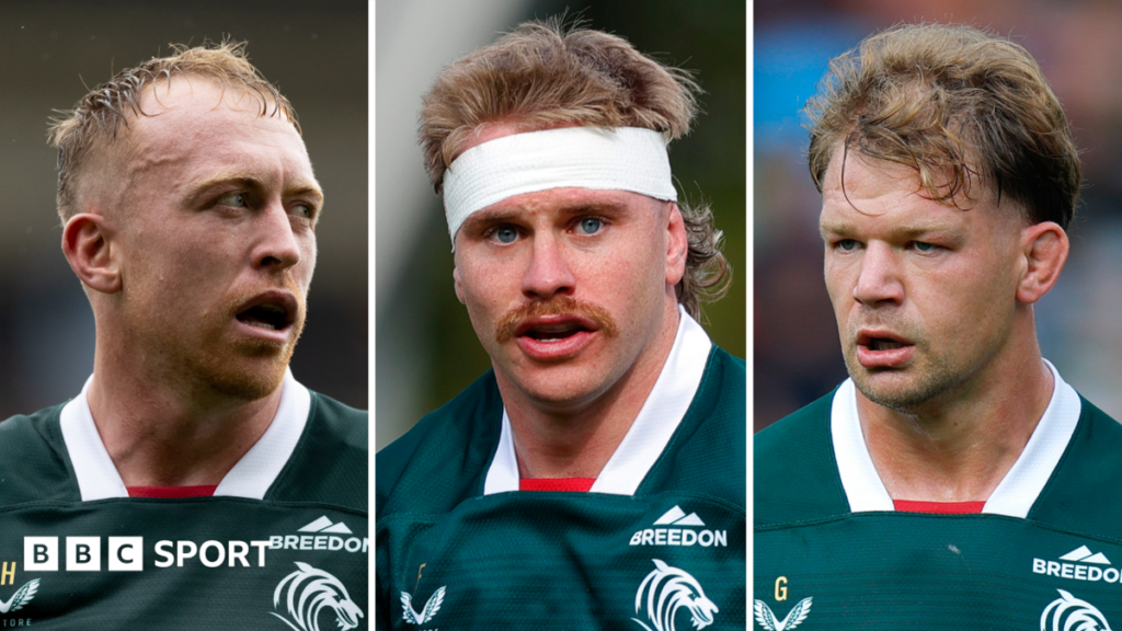 Three separate pictures of Tommy Reffell, Aaron Wainright and Olly Cracknell in green and white Leicester Tigers kit