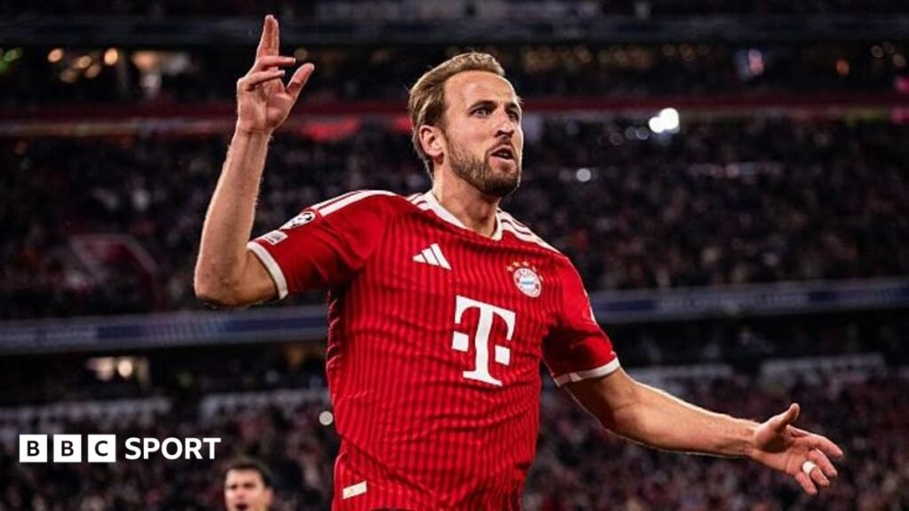 Bayern Munich forward Harry Kane celebrates scoring against Arsenal
