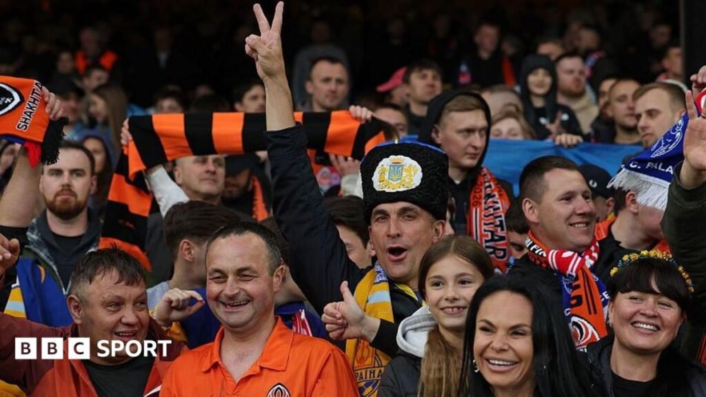 Shakhtar Donetsk supporters, including one in traditional headwear, during the Europa Conference League match against Crystal Palace at Selhurst Park