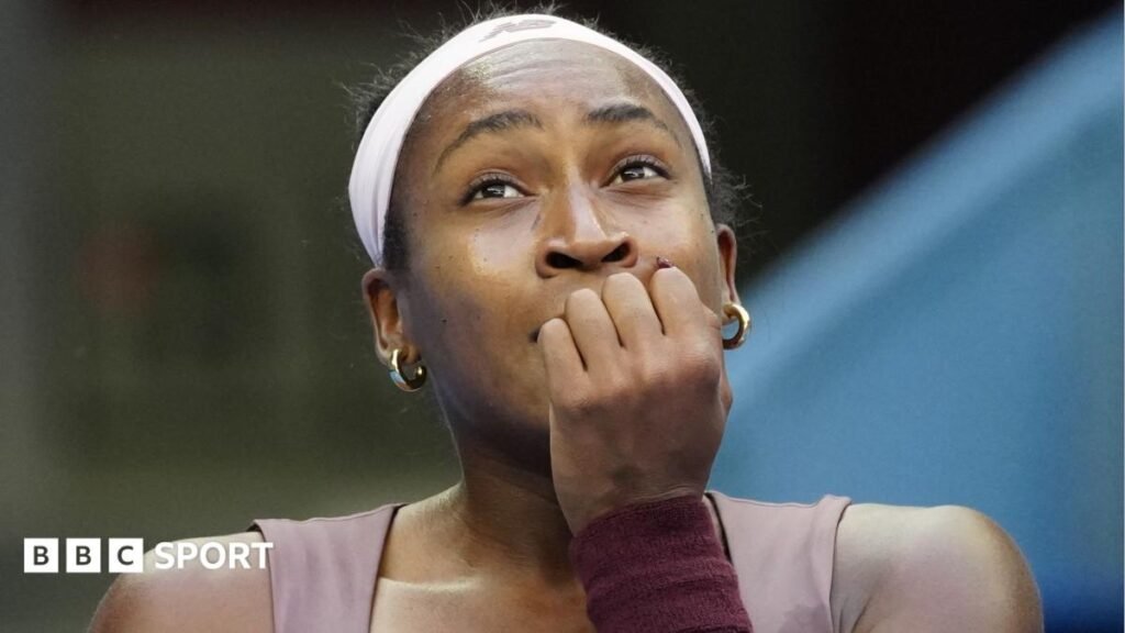 China Open: Coco Gauff on ‘draining few days’ after online racist abuse Coco Gauff covers her mouth during her China Open match against Elise Mertens