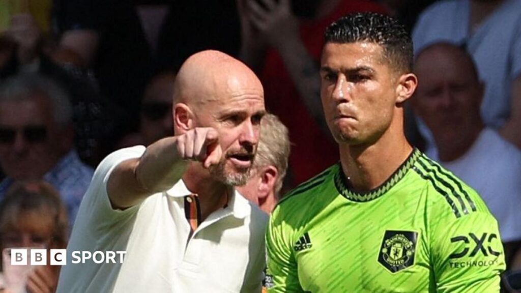 Erik ten Hag speaks to Cristiano Ronaldo during their time together at Manchester United