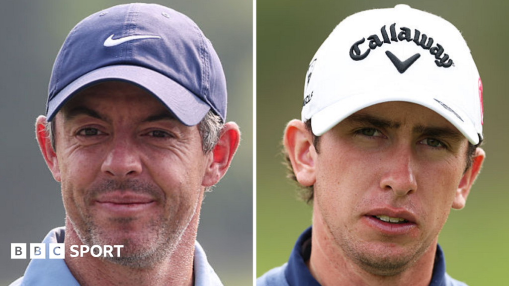 DP World India Championship: Tom McKibbin one shot off lead in India, Rory McIlroy three further back Split picture showing the faces of Rory McIlroy and Tom McKibbin, with both golfers wearing caps