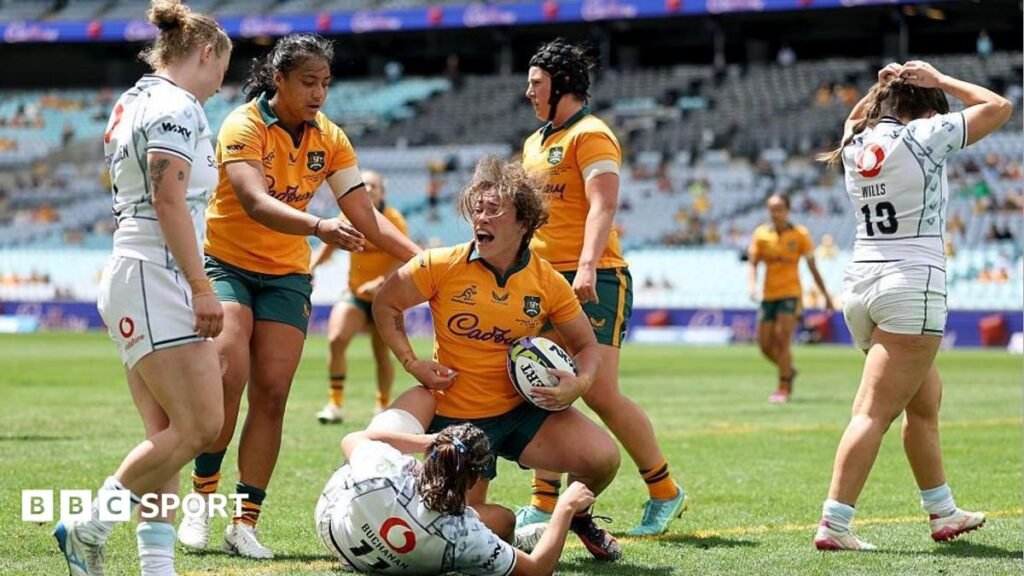 Eight-try Australia send Scotland to eighth straight defeat Australia's Brittany Merlo celebrates her try
