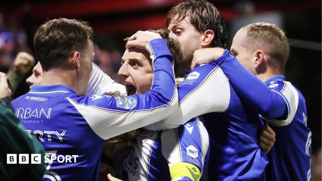 Irish Premiership: Was five-goal thriller a statement win for Coleraine at Larne? Coleraine celebrate Joel Cooper's winning goal