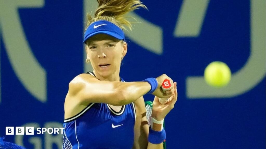 Katie Boulter hits the ball during her win against Himeno Sakatsume at the Japan Open
