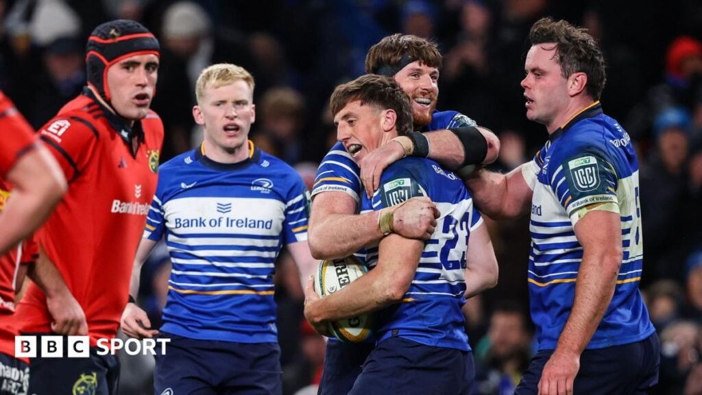 Leinster 24-18 Munster: Leinster fight back to beat Irish rivals in bruising URC derby Leinster celebrate Charlie Tector's try