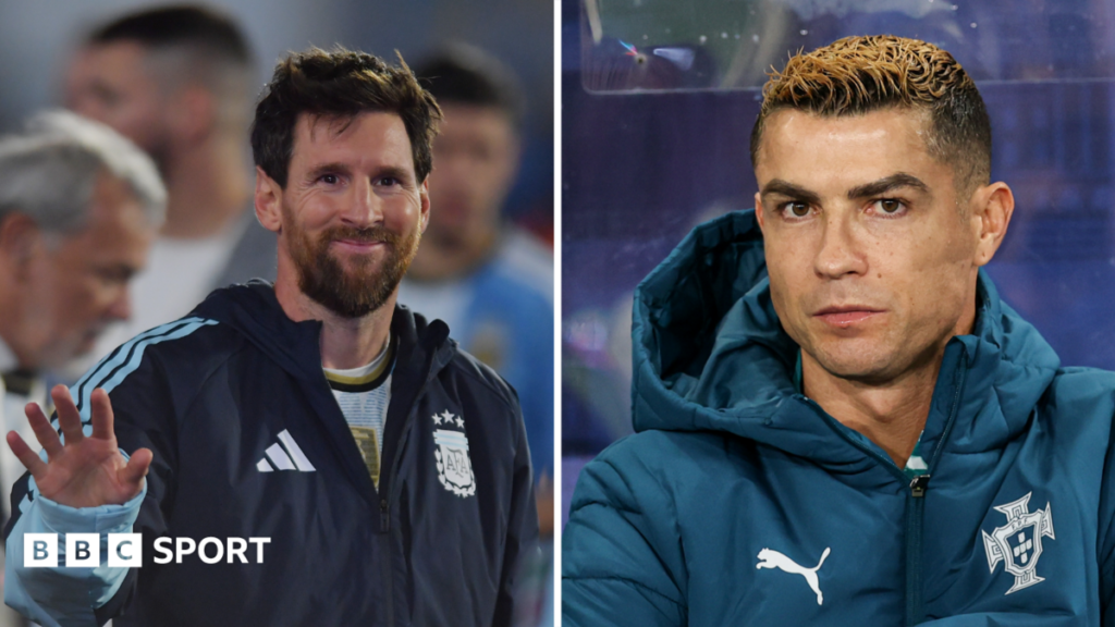 Lionel Messi waves, Cristiano Ronaldo sat in dug out