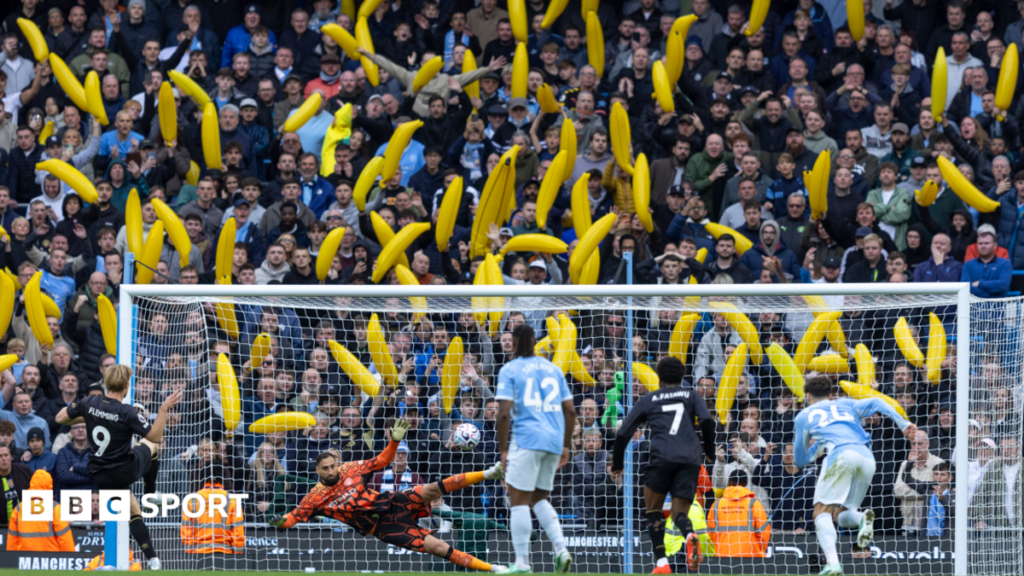 Man City 3-2 Ipswich: Boos and bananas on day of defiance at Etihad Stadium Erling Haaland celebrates scoring against Ipswich Town
