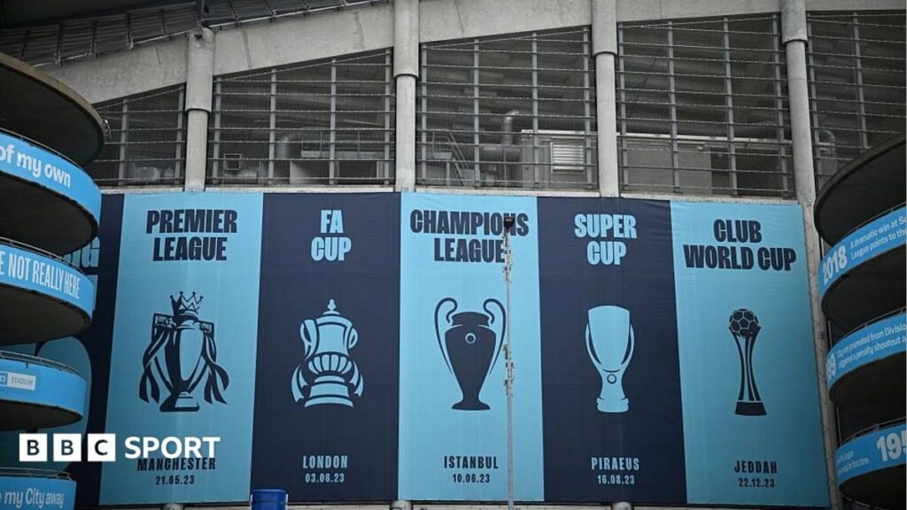 Manchester City charges: Punishment before end of season, Premier League clubs believe Images of trophies won are pictured outside the Etihad Stadium, the home ground of Manchester City football club