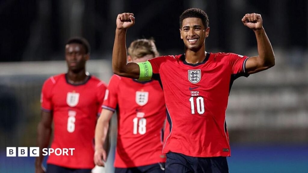 Nations League 2026-27: How does promotion, relegation, knockouts and Euro 2028 work? Jude Bellingham celebrates with James Garner and Marc Guehi walking behind him