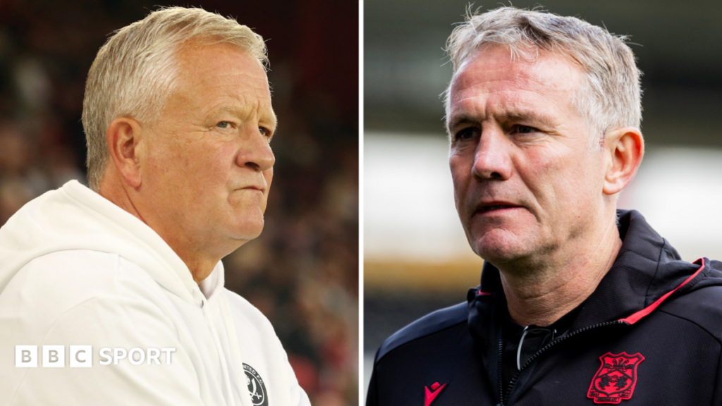 Separate images of Sheffield United manager Chris Wilder in white hoody (left) and Wrexham manager Phil Parkinson in black Wrexham jacket