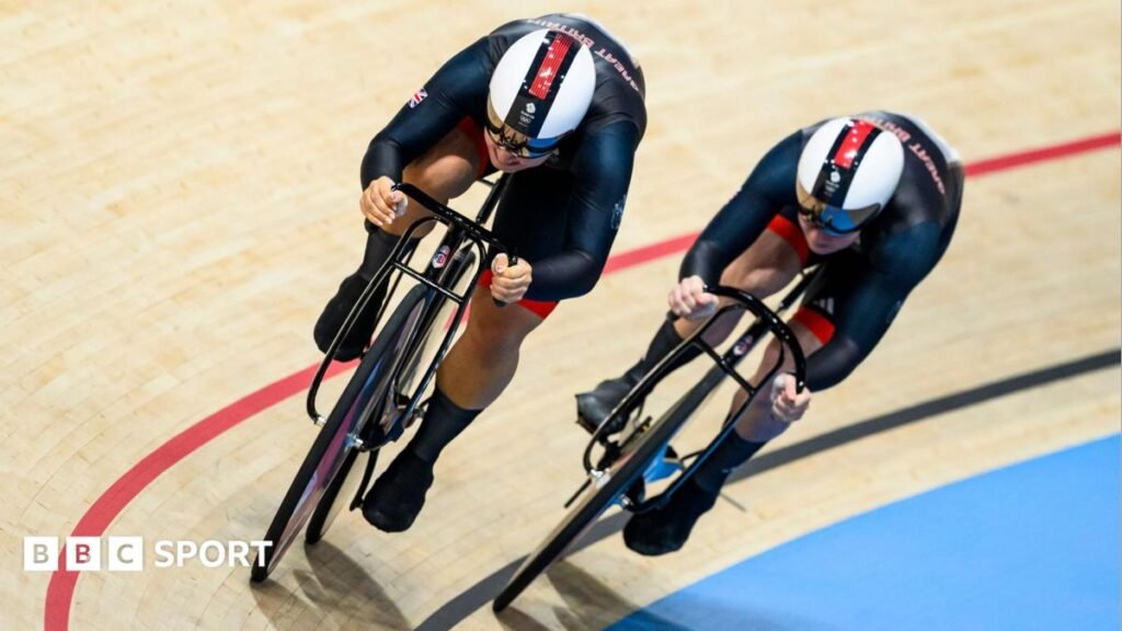 Sophie Capewell and Emma Finucane of Team Great Britain compete during the Women's Team Sprint Final in Paris 2024