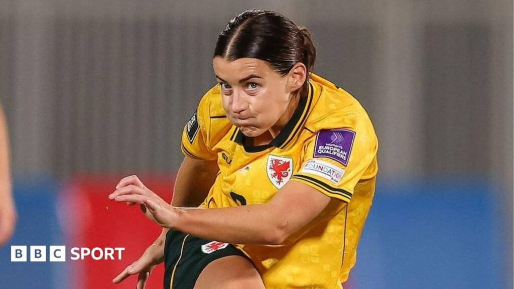 Angharad James in action against Albania