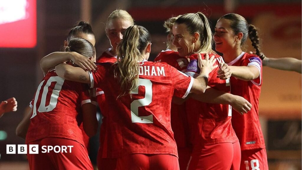 Wales players celebrate against Albania